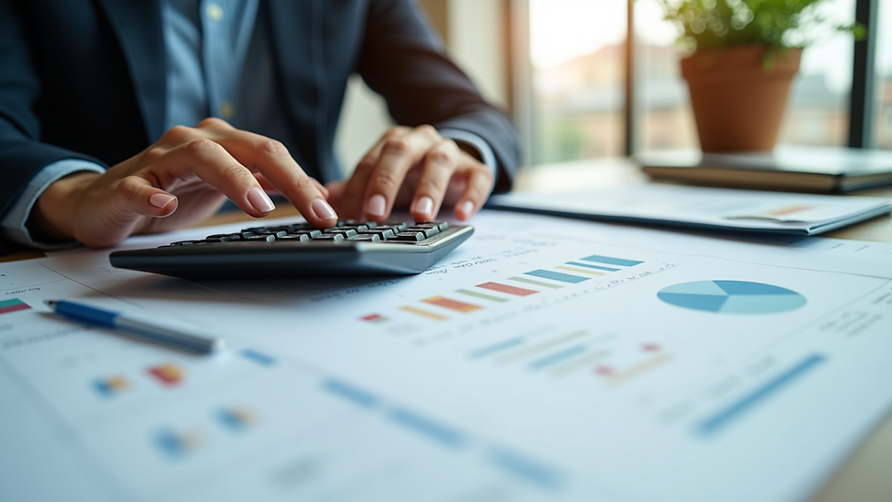 Plano detalle de calculadora y documentos fiscales sobre escritorio
