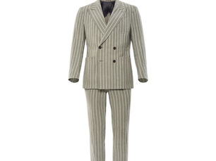 Ghost mannequin product photography of a striped men’s suit — professional eCommerce photo on white background