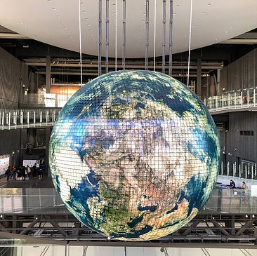 Large suspended globe, Earth model, museum exhibit