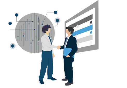 Two businessmen shaking hands, data charts