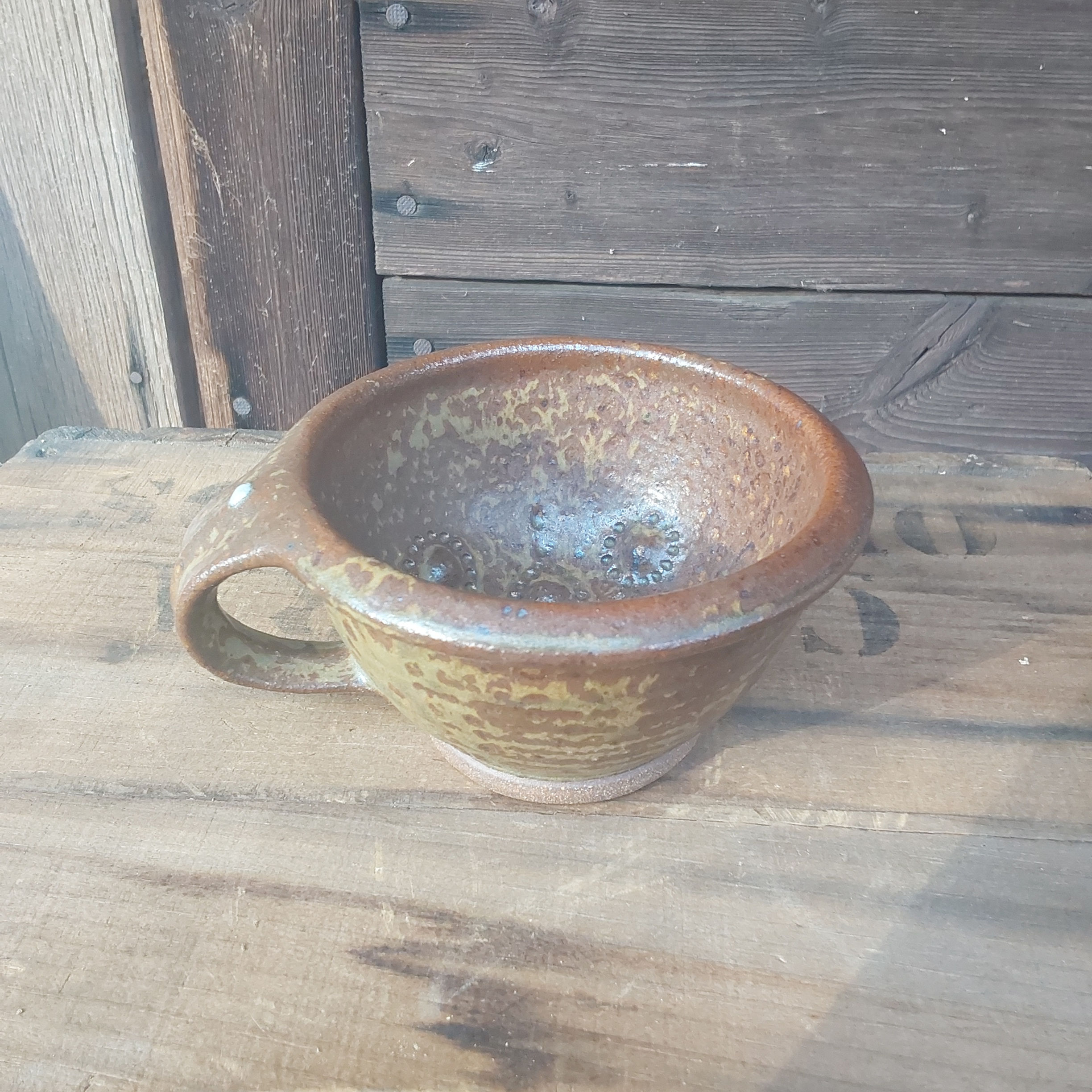 Stoneware shaving/lather bowl. Wood fired ash glaze, 3x4.25