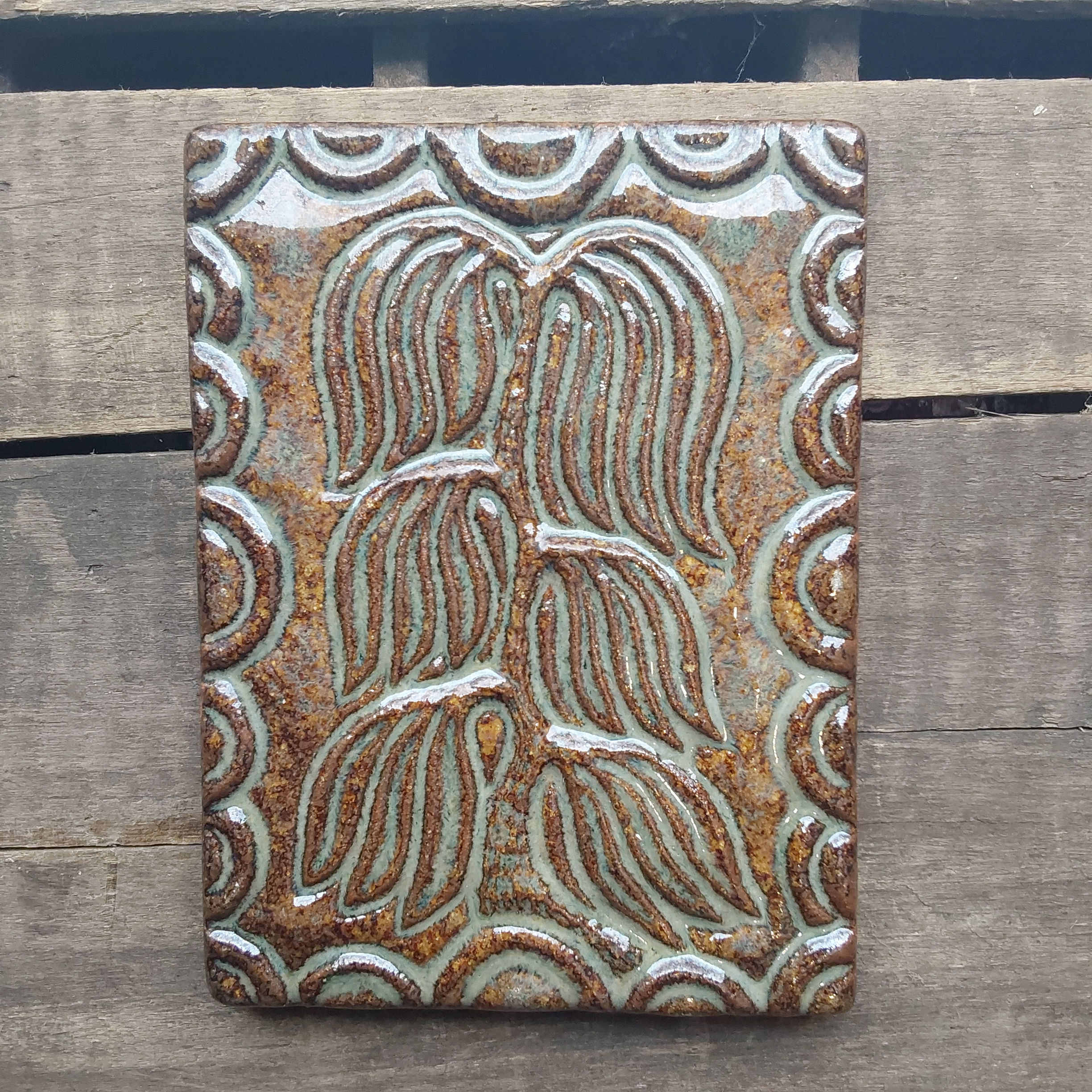 Gravestone willow tile, handmade, historical pattern, seeing stone glaze, 4x6