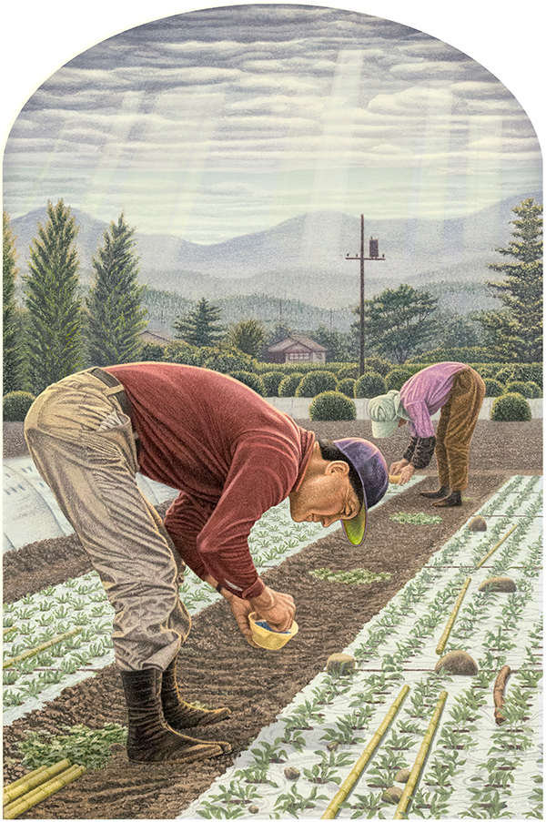 Original giclee inkjet print of traditional Japanese farmer and wife stooped over, fertili