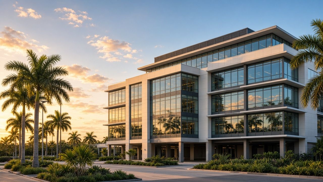 Illustrative image: a modern commercial building with palm trees (not a Reel project)