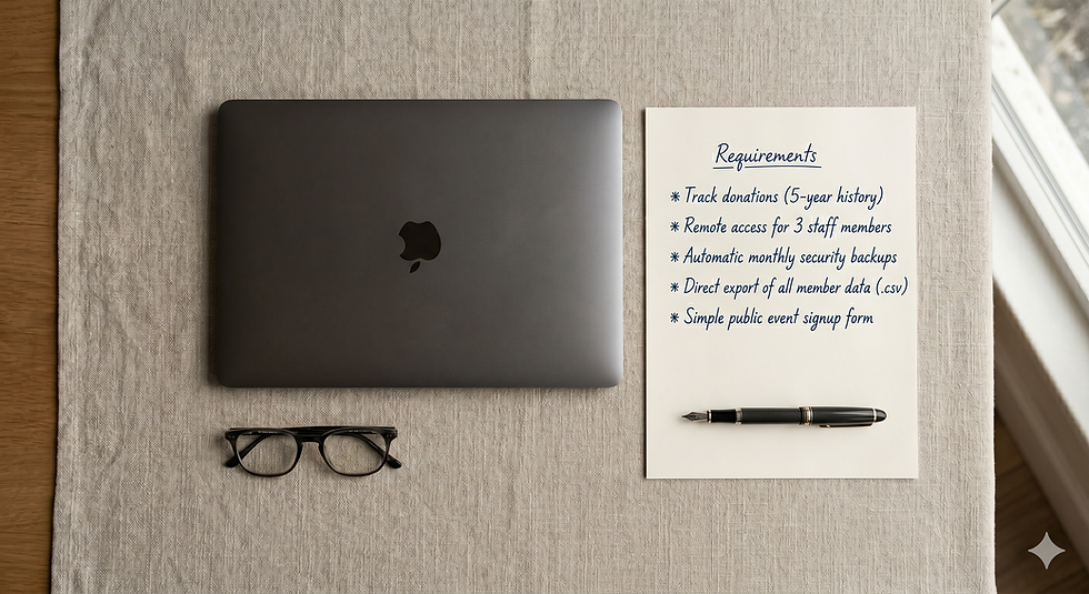 Gemini generated photo of a laptop, glasses, a pen, and a paper with a list of requirements aligned on a desk