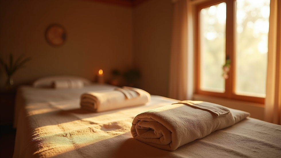 Weitwinkelaufnahme eines Massageraums mit traditioneller Thai-Massage-Matte