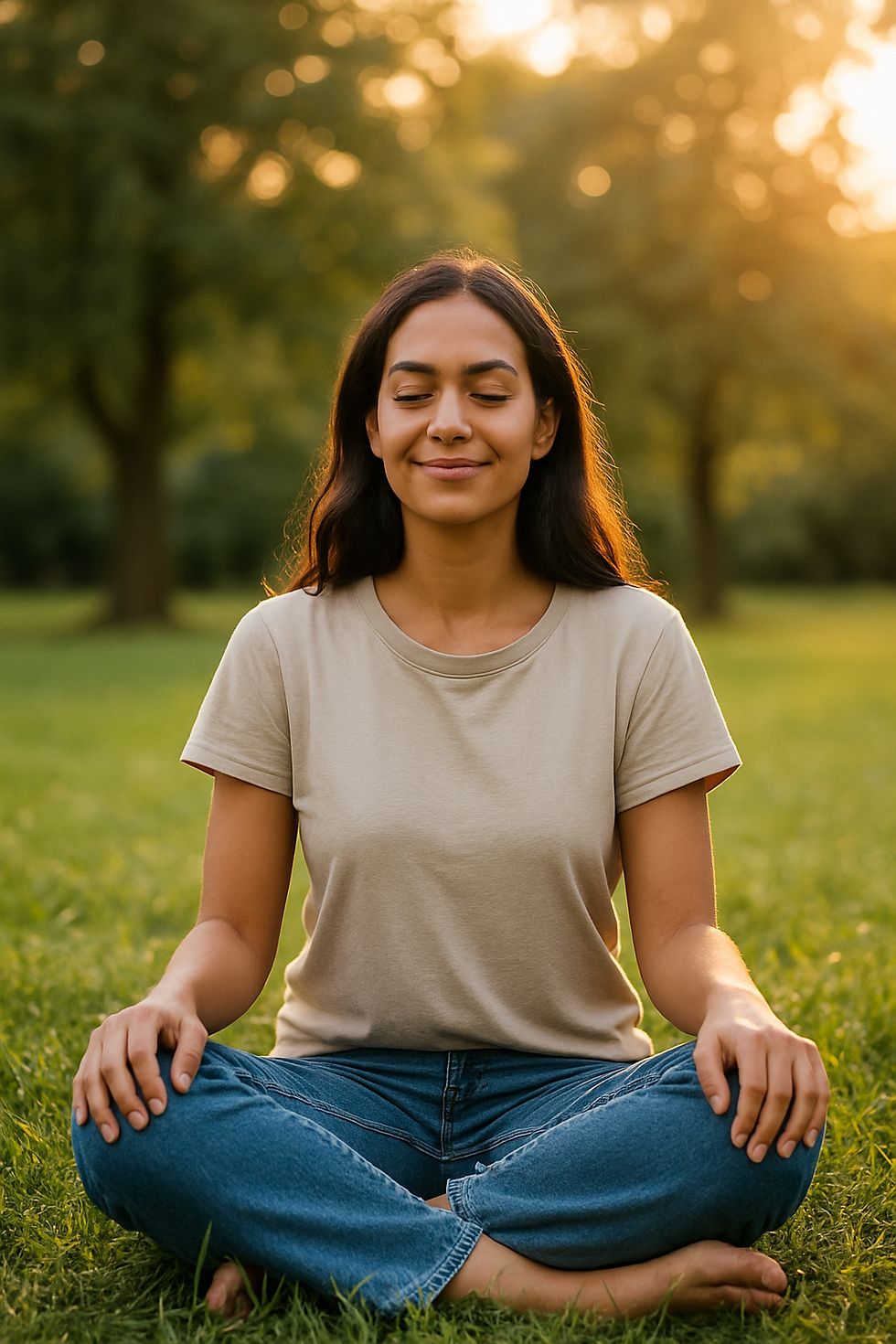Jeune femme assise en tailleur dans un parc au coucher du soleil, yeux fermés et visage apaisé, pratiquant la respiration et la détente.
