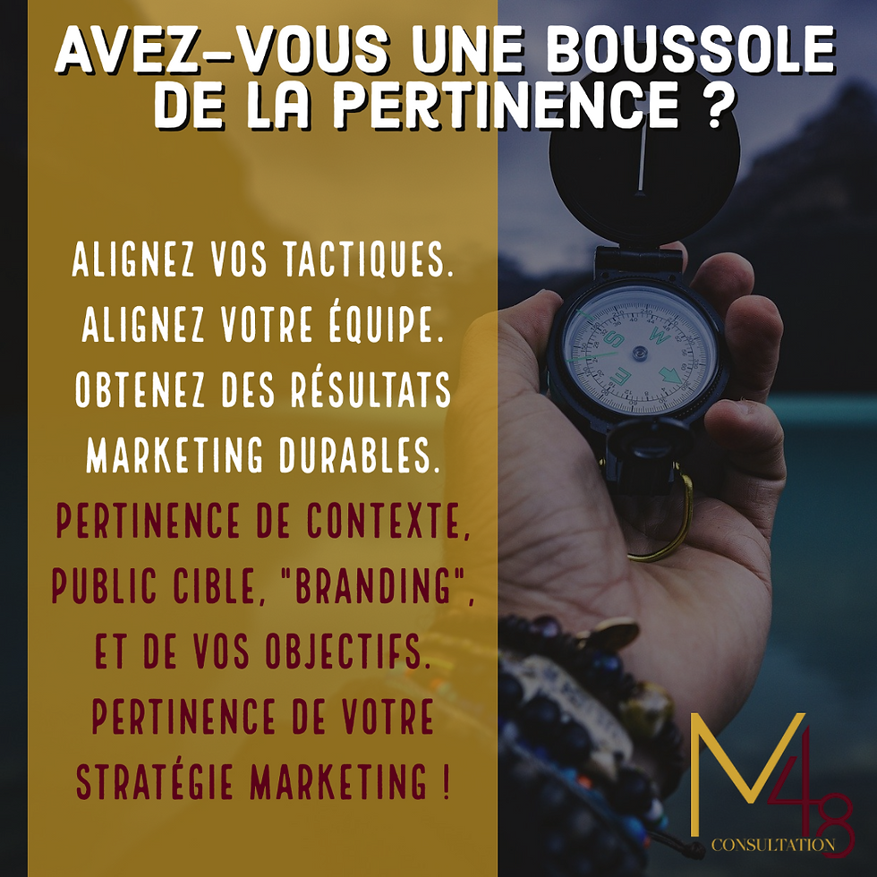 Avez-vous une boussole de la pertinence ? Alignez vos tactiques. Alignez votre équipe. Obtenez des résultats marketing durables. Pertinence de contexte, public cible, "branding", et de vos objectifs. Pertinence de votre stratégie marketing ! M48 Consultation