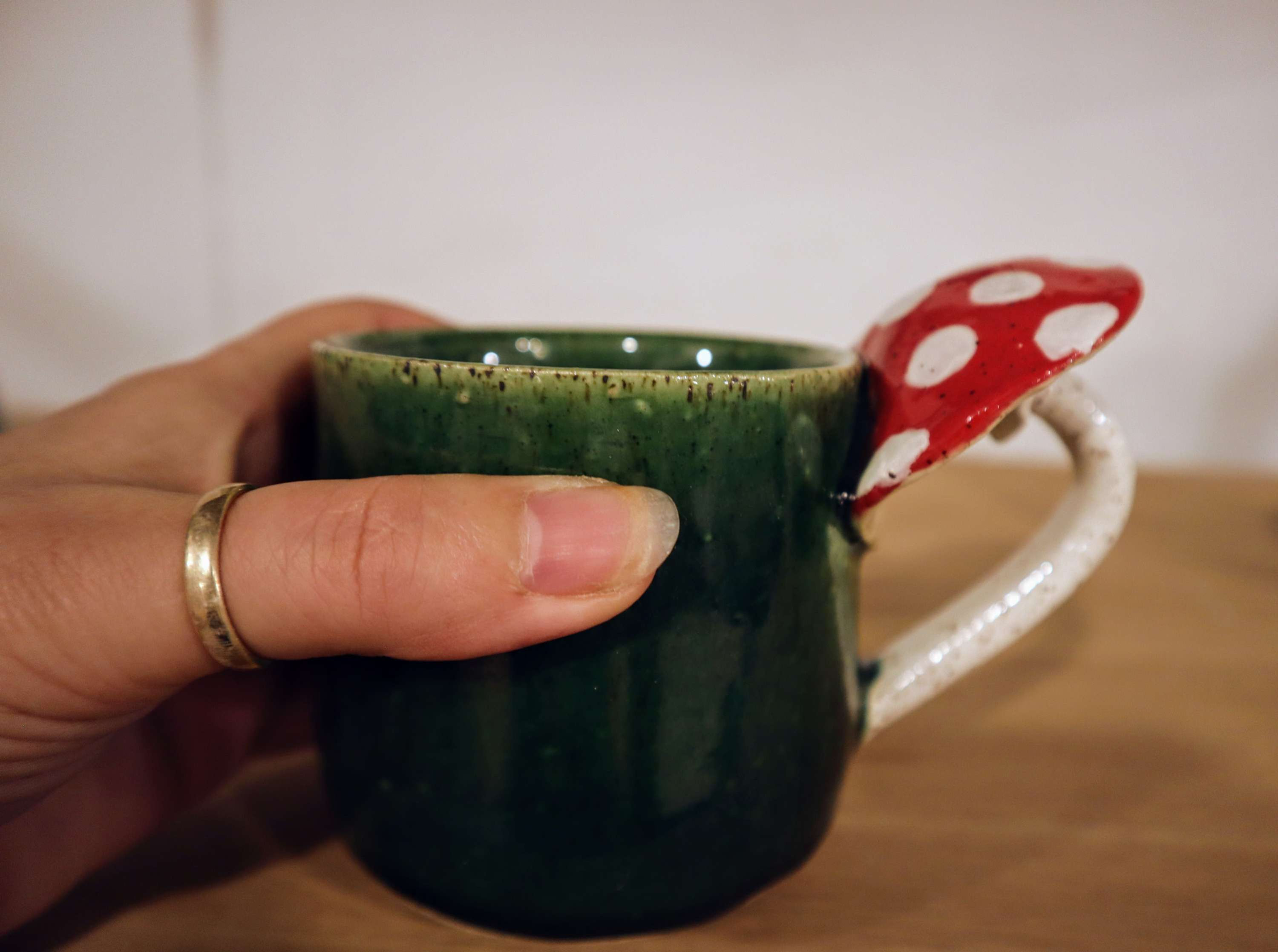 emily mallard ceramics shroom mug green red white