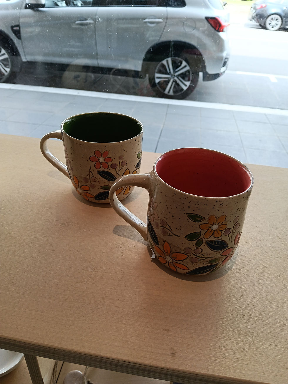 Thumbnail: Floral hand painted/carved mugs