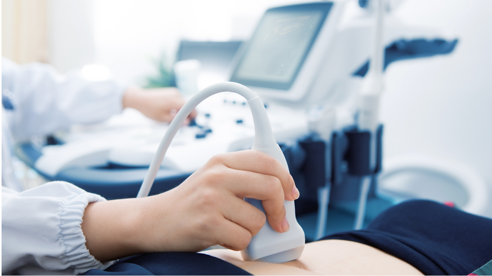 A hand operates an ultrasound transducer on a woman's abdomen.