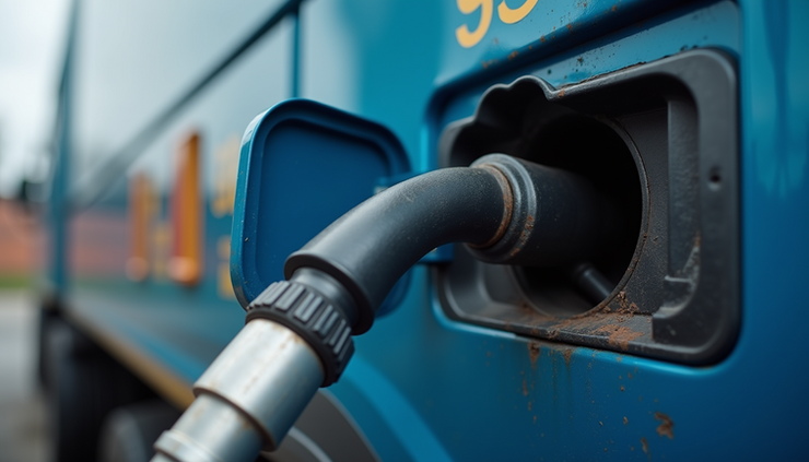 Close-up view of a diesel fuel tank with a misplaced AdBlue nozzle