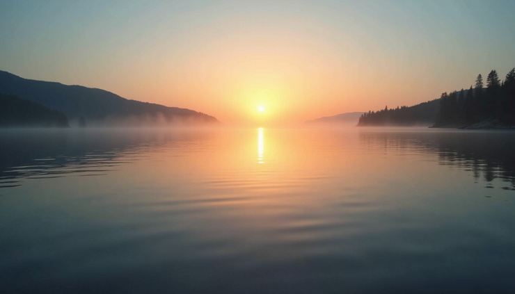 Augenhöhe eines ruhigen Sees bei Sonnenuntergang, der Reflexion und innere Klarheit symbolisiert