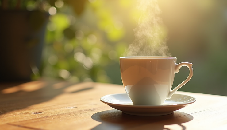 Nahaufnahme einer Tasse Tee auf einem Holztisch mit Sonnenlicht