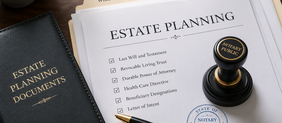 Estate planning documents on a desk with folder tabs for Will, Trust, POA and Health Care, plus notary stamp and pen