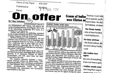 Clinton to Address Cream of Ind Industry in Hyd