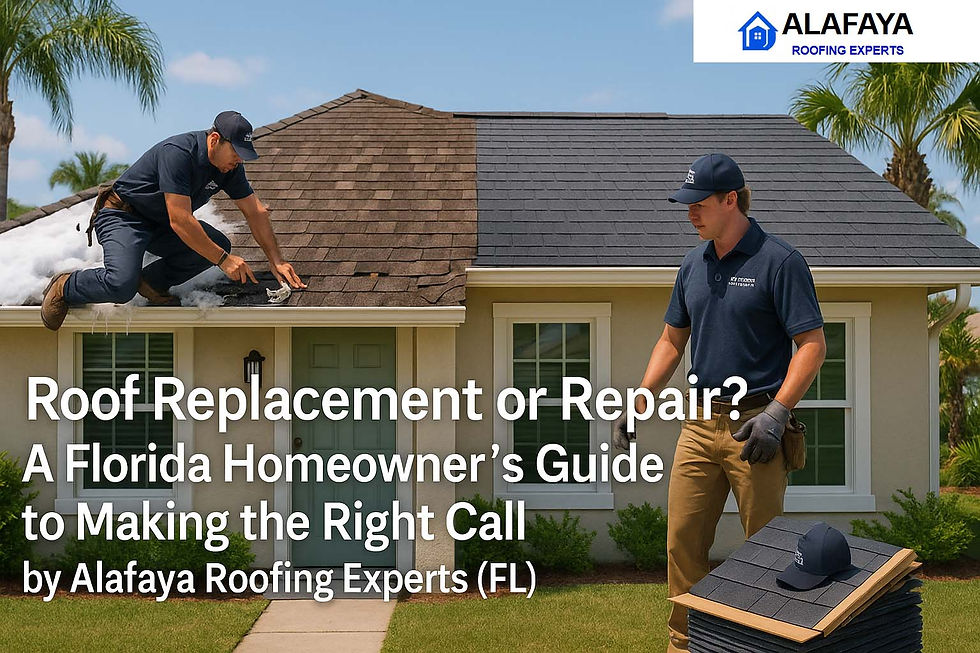 Split-view image of a Florida suburban roof with one half being repaired by a roofer and the other newly replaced, under a sunny sky with palm trees. Includes the text “Roof Replacement or Repair? A Florida Homeowner's Guide to Making the Right Call by Alafaya Roofing Experts (FL)” with 4-inch padding.