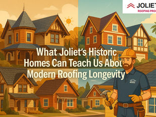 An illustrated split-scene image showing historic homes in Joliet, IL on one side with slate and wood shake roofs, and modernized versions of the same homes on the other side with updated asphalt shingles and metal roofing. A local roofing contractor stands in the center, bridging the old and new, symbolizing expert guidance. Text overlay reads: “What Joliet’s Historic Homes Can Teach Us About Modern Roofing Longevity by Joliet Roofing Pros (IL),” with generous padding around the text for readability.