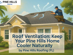 A professional roofer from Pine Hills Roofing (FL) inspecting a well-ventilated Florida home, with visible ridge vents and lush greenery, visually illustrating the concept: "Roof Ventilation: Keep Your Pine Hills Home Cooler Naturally by Pine Hills Roofing (FL)."