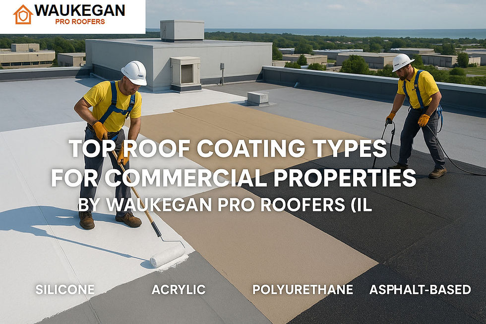 Roofers applying different commercial roof coatings—silicone, acrylic, polyurethane, and asphalt—on a segmented flat rooftop in Waukegan, IL.