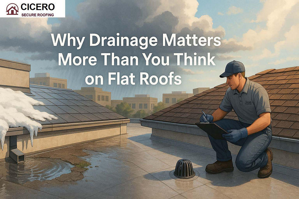 Flat rooftop in Cicero showing a roofing contractor inspecting drainage systems, with one side properly drained and the other showing ponding water, vegetation, and roofing damage.