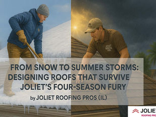 Split-scene image of a residential Joliet, IL rooftop showing one half covered in snow and the other under a summer storm, with professional roofers in seasonal gear working on each side. The text “From Snow to Summer Storms: Designing Roofs That Survive Joliet’s Four-Season Fury by Joliet Roofing Pros (IL)” is centered with 4-inch padding, showcasing year-round roofing durability and local expertise.