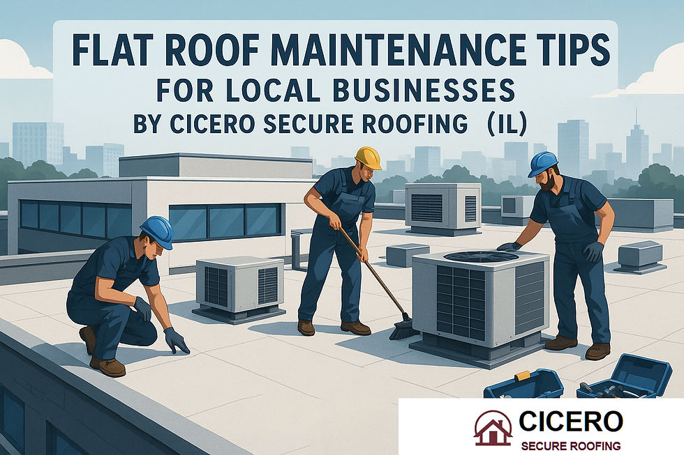 Professional roofers inspecting a commercial flat roof in Cicero, IL, with tools and safety gear, representing flat roof maintenance tips for local businesses by Cicero Secure Roofing (IL).