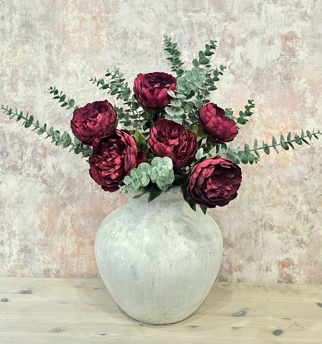 Burgundy Peony & Eucalyptus Faux Flower Arrangement
