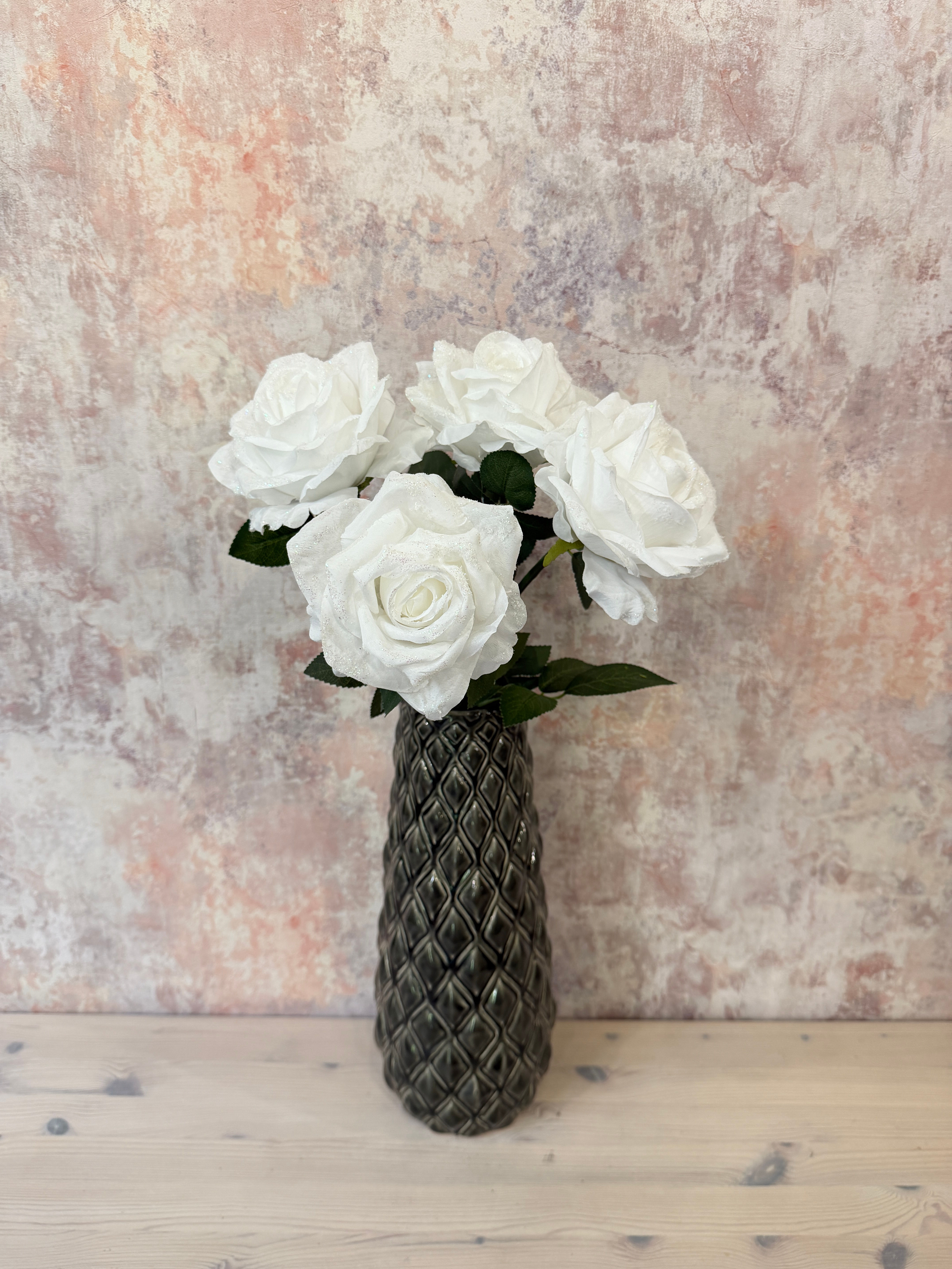 Faux White Glitter Rose Stem