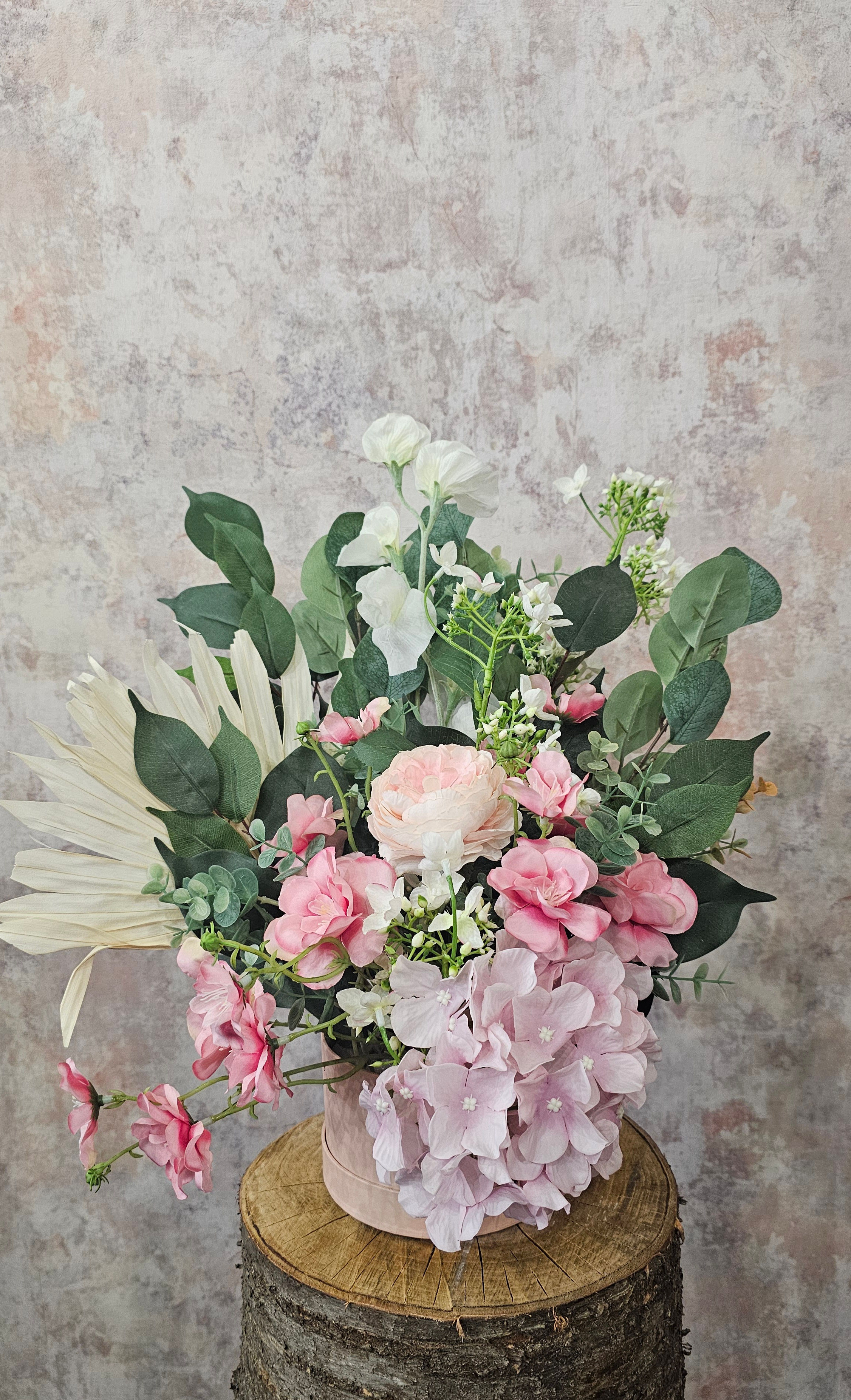 Pink Hat Box Faux Flower Arrangement