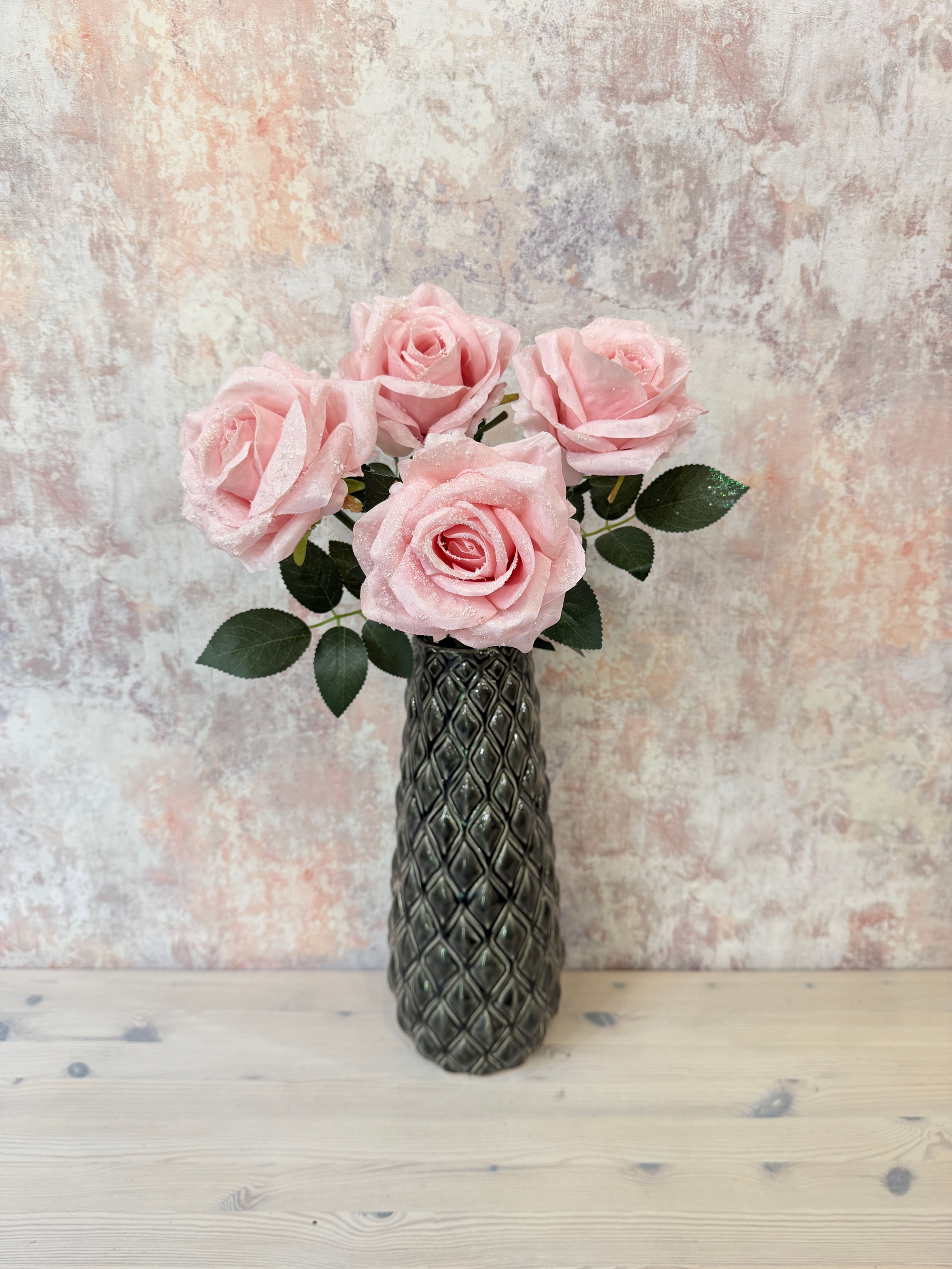 Faux Pink Glitter Rose Stem