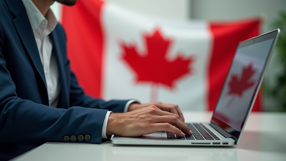 Close-up view of a translator working on a laptop with Canadian flag in the background