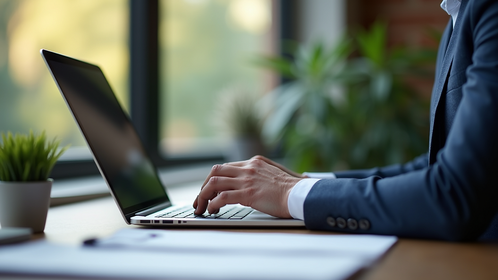 Eye-level view of a professional translator working on a laptop