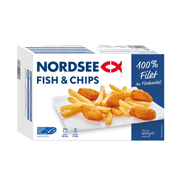 Nordsee Fish & Chips box with text and fried fish Fillet 400g.