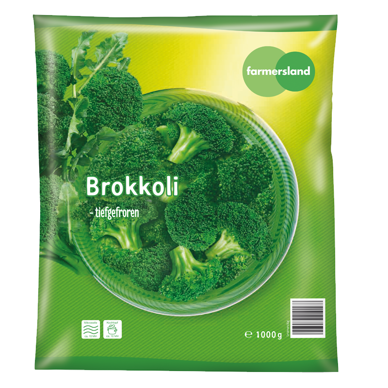 Brokkoli Tiefgefroren in grüner Verpackung, Farmers Land, frisches Gemüse.