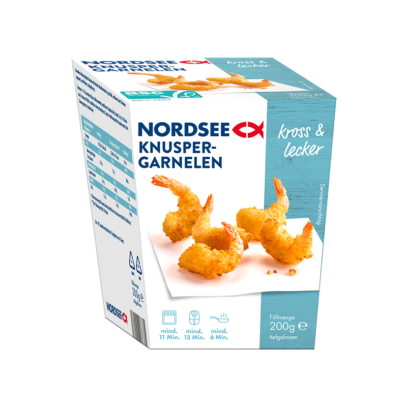 Nordsee Knuspergarnelen box with shrimp, text 'knusprig & lecker', and 200g content.