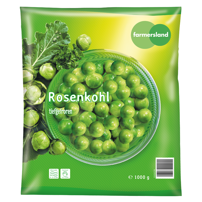 Rosenkohl tiefgefroren text on bag with Farmers Land brand and green background.