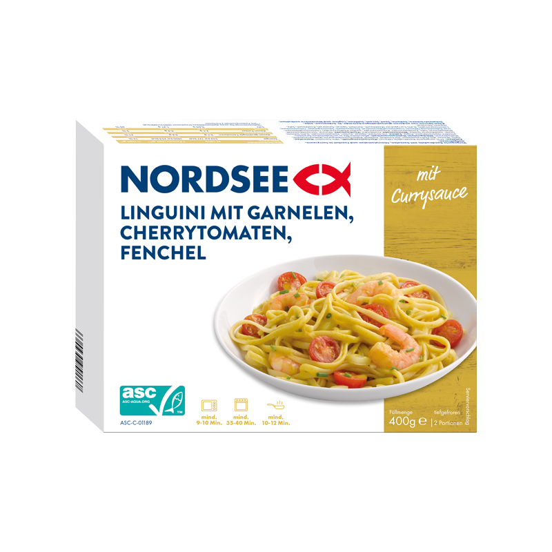 Nordsee-Linguini mit Garnelen, Cherrytomaten, Fenchel, Currysoße Fertiggericht, Tiefkühlprodukt.