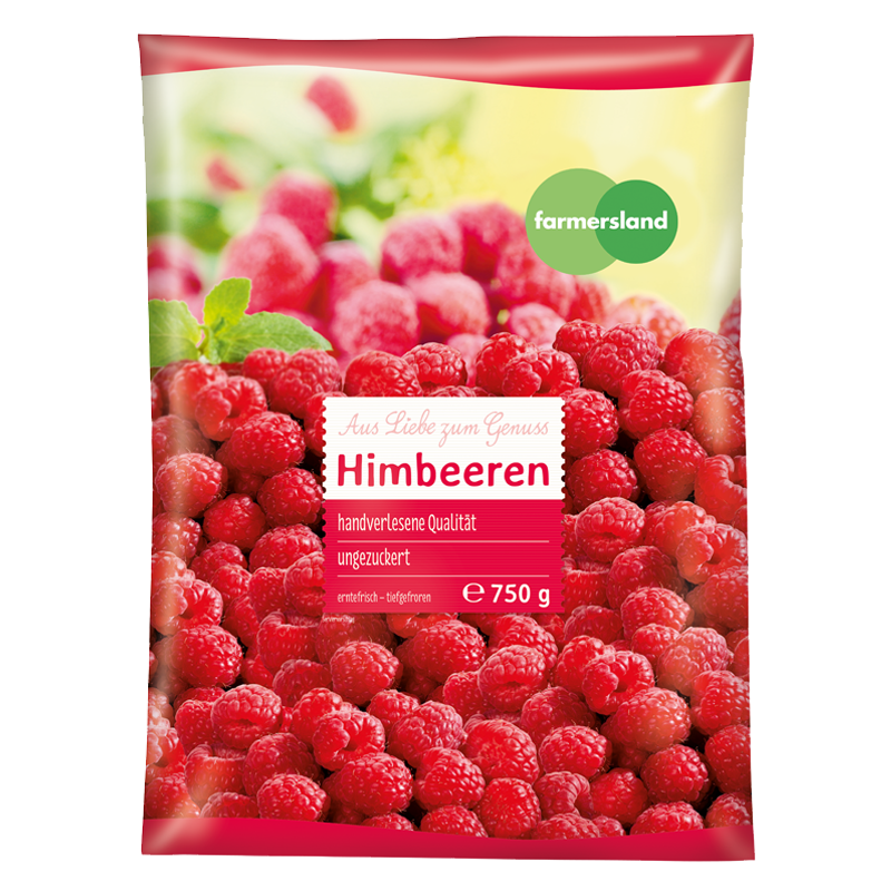 Packung gefrorener Himbeeren mit Text, Himbeeren, farmersland, 750g, Farmers Land.