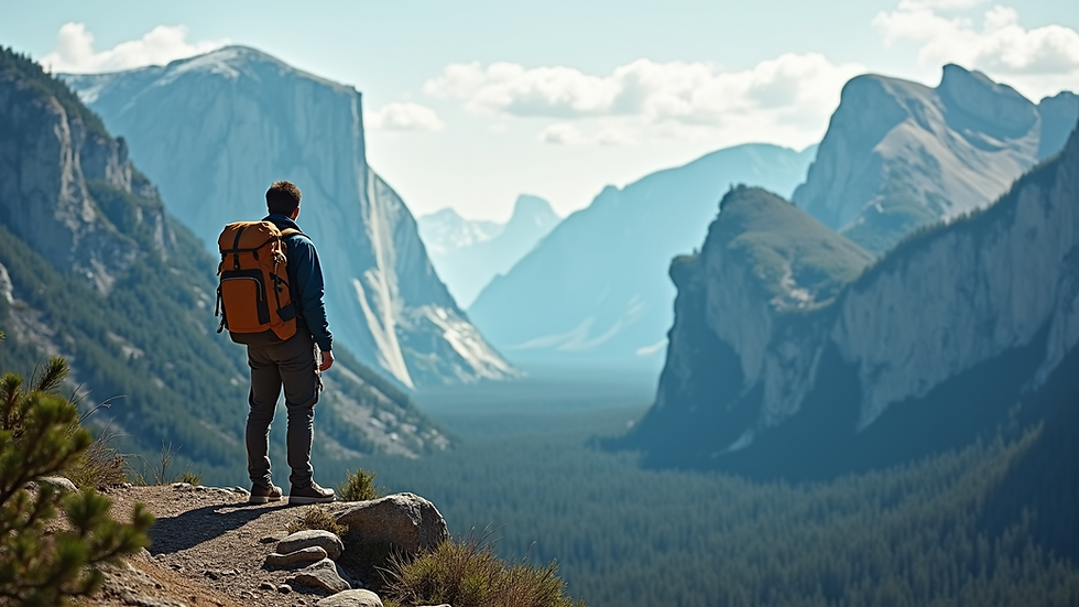 Eye-level view of a traveler standing on a mountain peak overlooking a valley