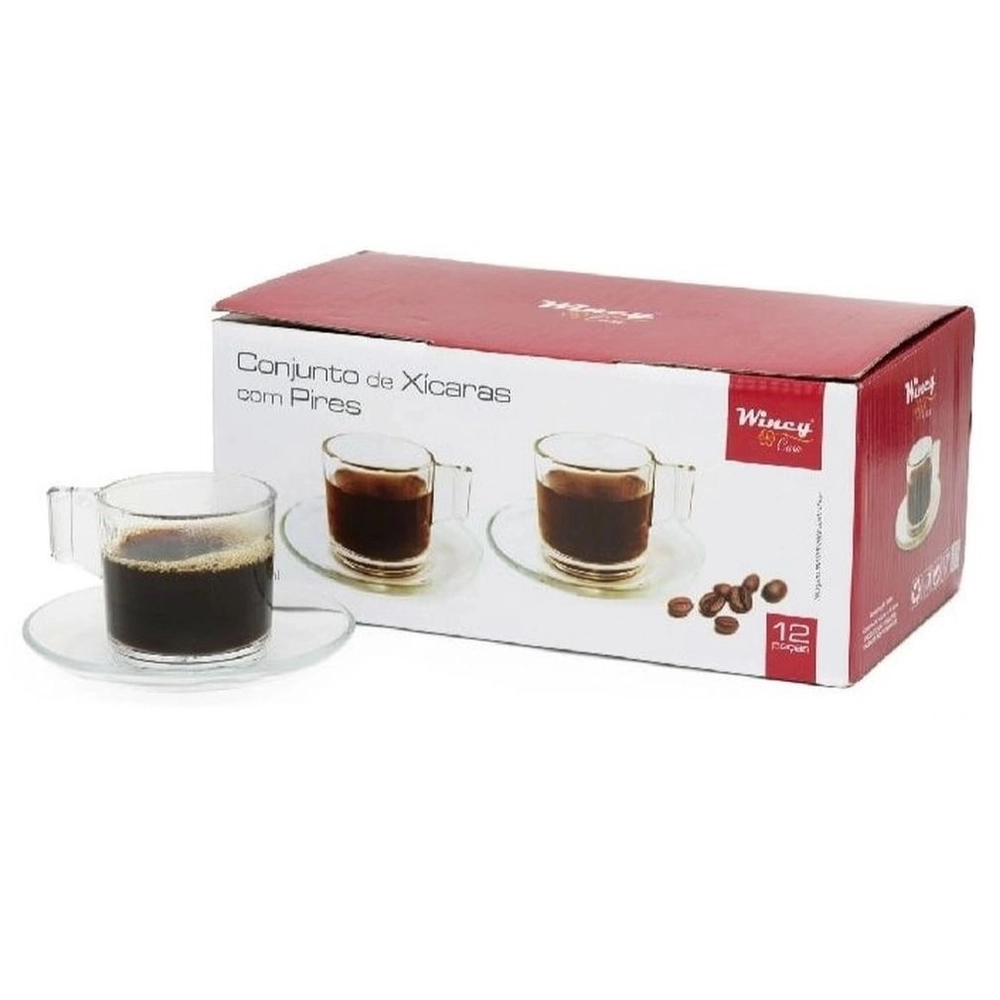 Conjunto de Xícaras com Pires 6 Pares 12 Peças Vidro
