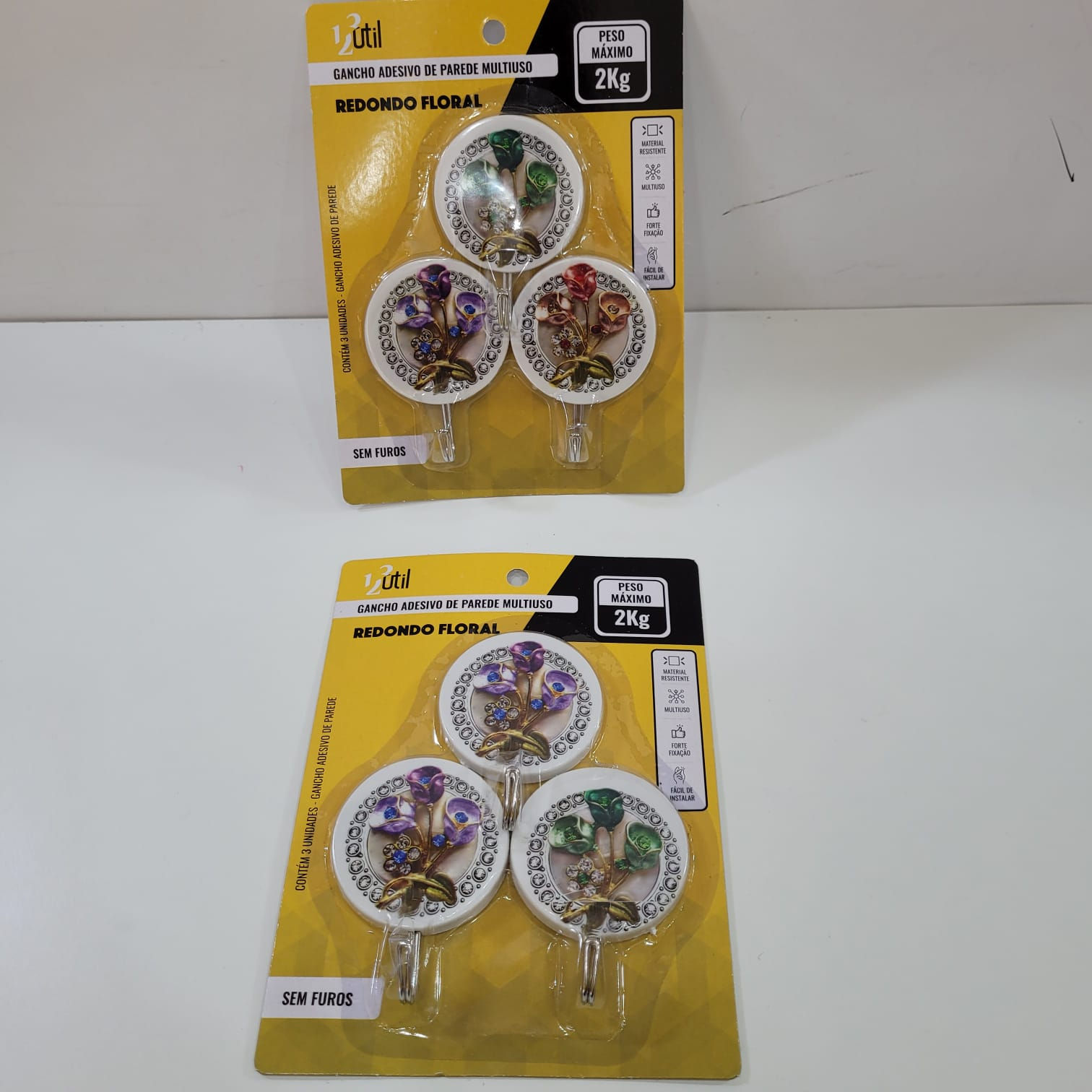 Gancho Adesivo de Parede Redondo Floral 3 Peças 123 Útil