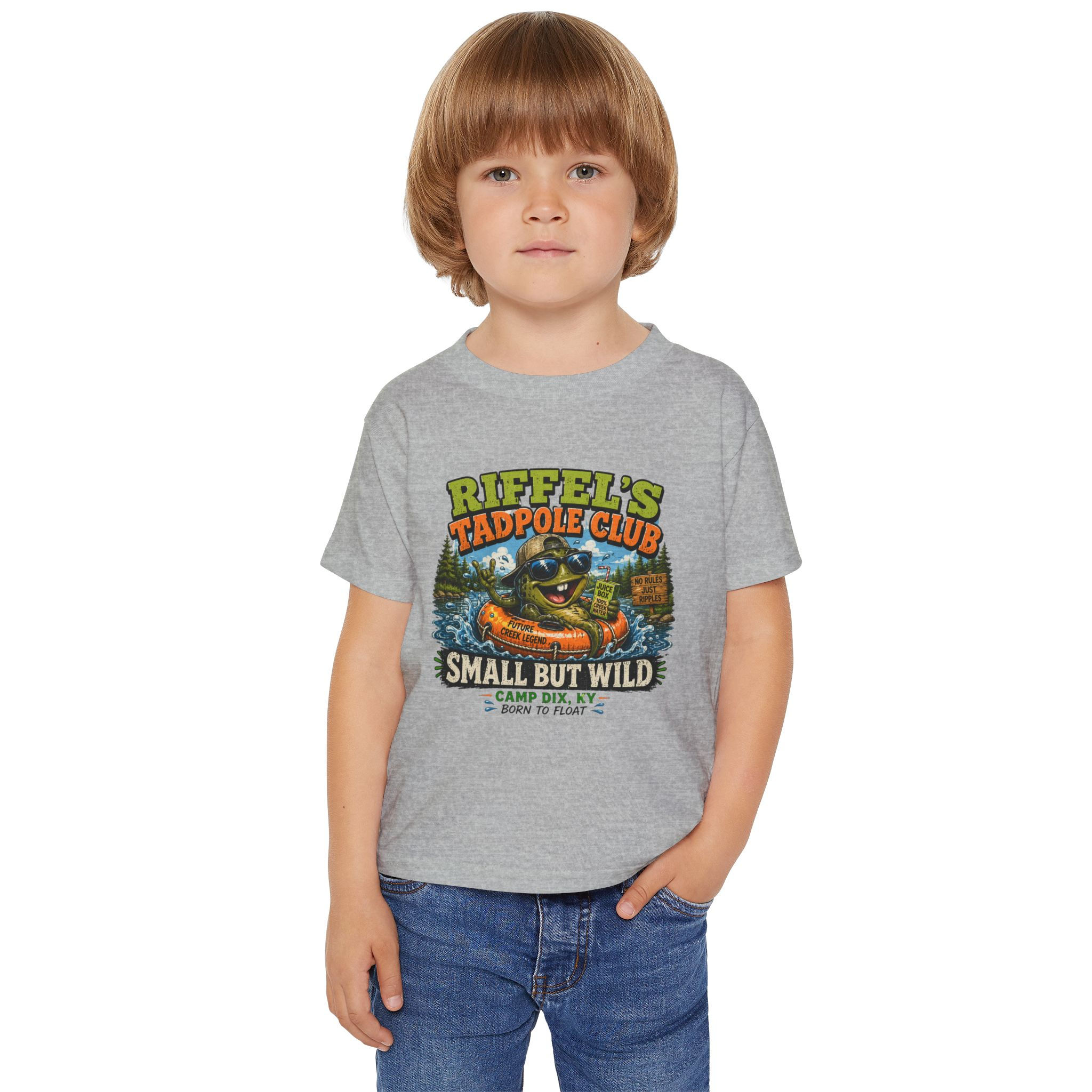 Tadpole Club Kids T-Shirt — Creek, Sun & Water Play Design