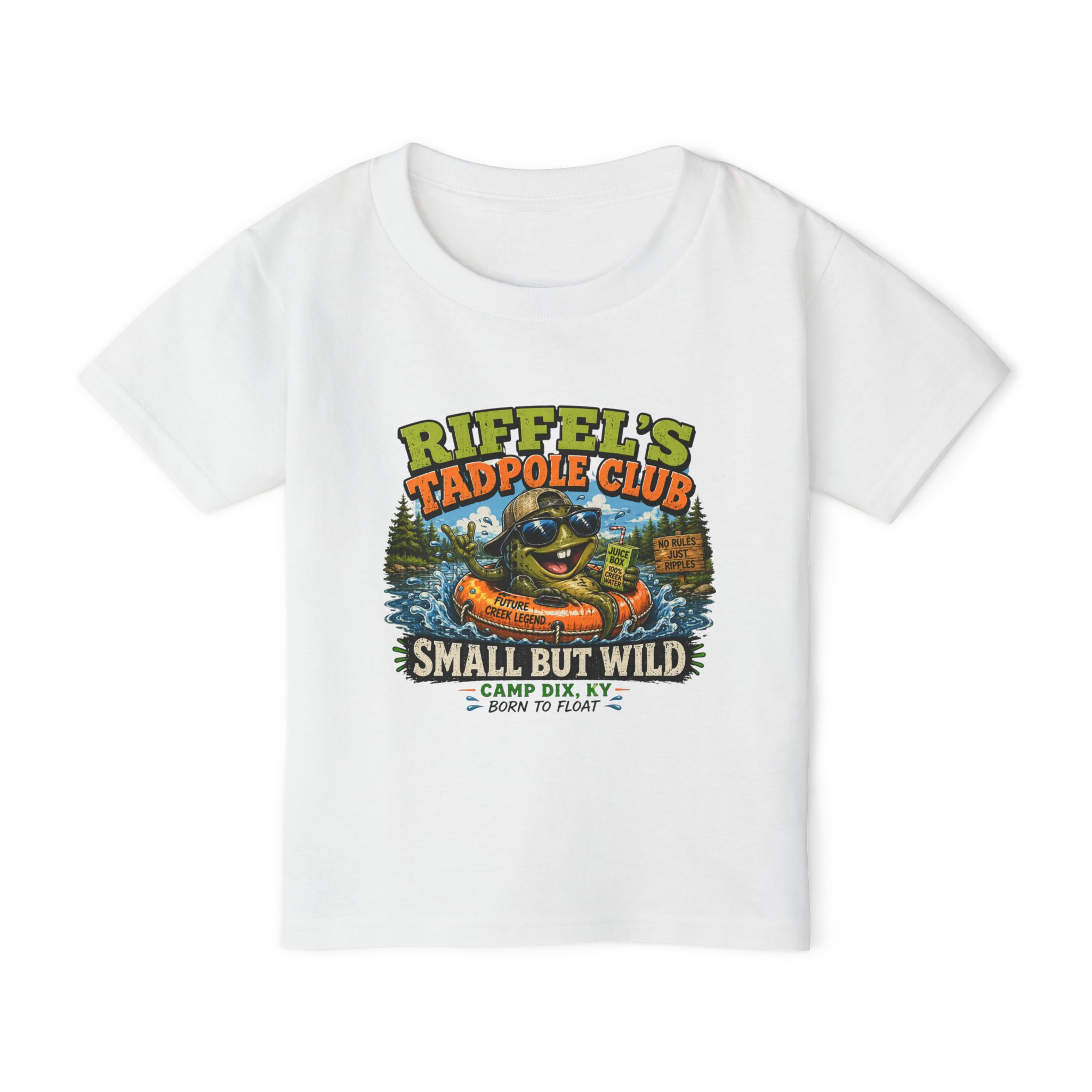 Tadpole Club Kids T-Shirt — Creek, Sun & Water Play Design