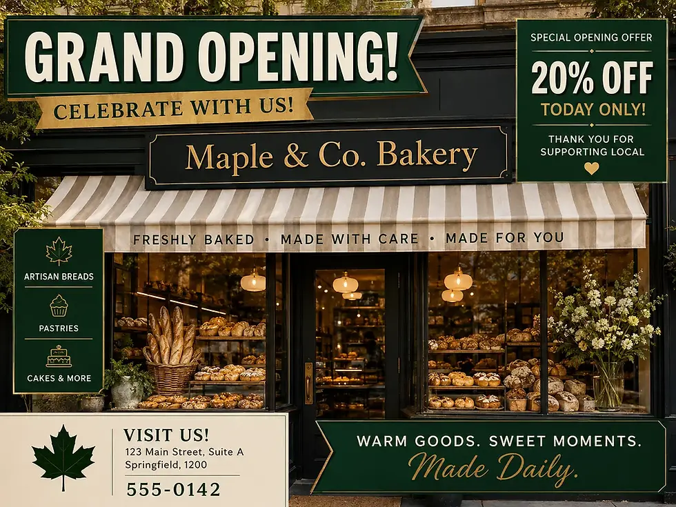 Grand opening storefront of Maple & Co. Bakery with 20% off signs, bread displays, and striped awning.