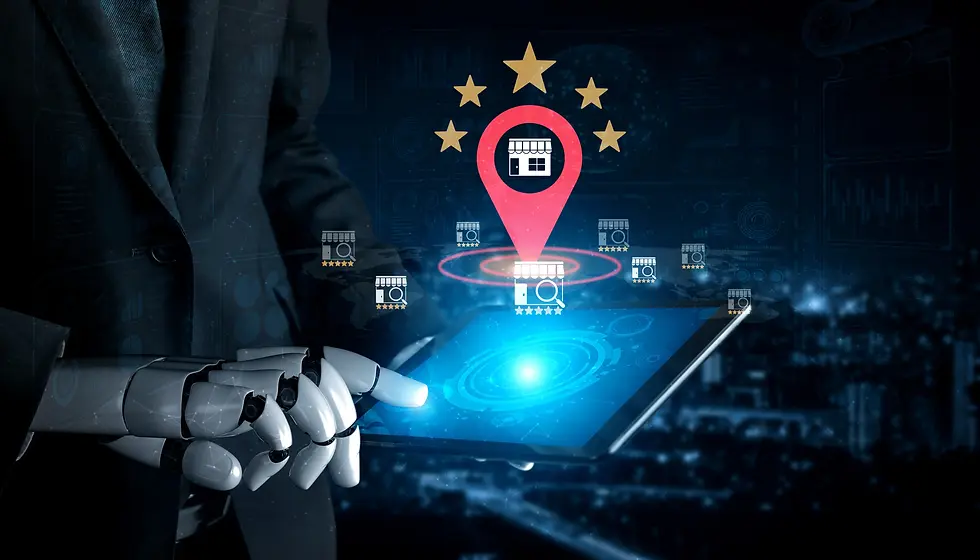 Robot hand using a tablet with a red location pin and yellow stars, representing digital marketing. Dark tech-themed background.