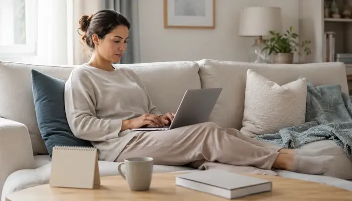 Patient working from home during recovery after labiaplasty
