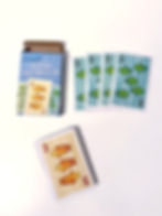 Go Fish card deck open on a white surface; card designs include colorful fish with numbers. Text: "Hoyle" and "Go Fish Pige Dans Le Lac."