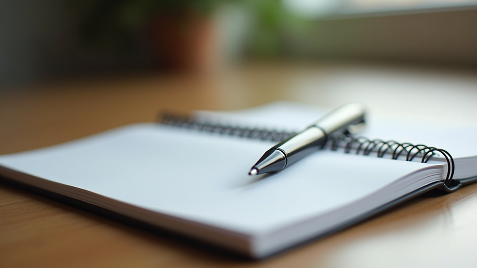 Close-up view of a notebook and pen on a wooden table, symbolising reflection and personal growth