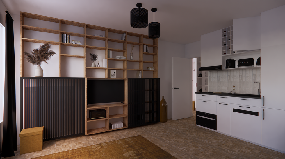 Bibliothèque (salon) et kitchenette